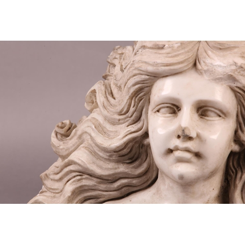 68 - A 19TH CENTURY ITALIAN MARBLE HEAD AND SHOULDERS OF A YOUNG GIRL WITH LONG FLOWING HAIR, mounted on ... 