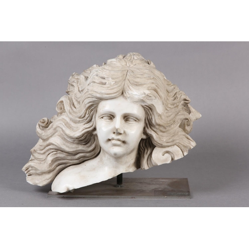 68 - A 19TH CENTURY ITALIAN MARBLE HEAD AND SHOULDERS OF A YOUNG GIRL WITH LONG FLOWING HAIR, mounted on ... 