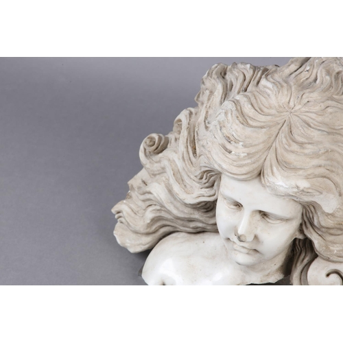 68 - A 19TH CENTURY ITALIAN MARBLE HEAD AND SHOULDERS OF A YOUNG GIRL WITH LONG FLOWING HAIR, mounted on ... 