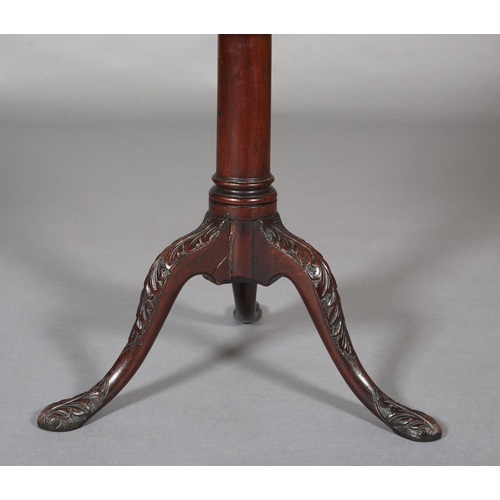 379 - A GEORGE III MAHOGANY TILT TOP TABLE, associated circular top on a cannon turned column on tripod ba... 