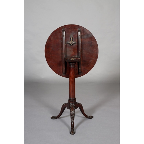 379 - A GEORGE III MAHOGANY TILT TOP TABLE, associated circular top on a cannon turned column on tripod ba... 