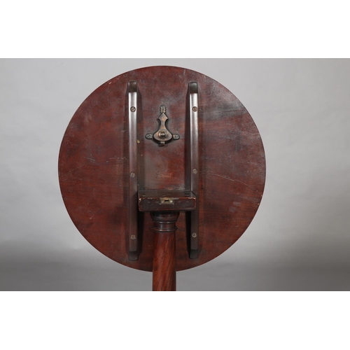 379 - A GEORGE III MAHOGANY TILT TOP TABLE, associated circular top on a cannon turned column on tripod ba... 