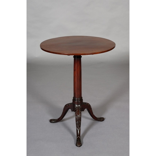 379 - A GEORGE III MAHOGANY TILT TOP TABLE, associated circular top on a cannon turned column on tripod ba... 