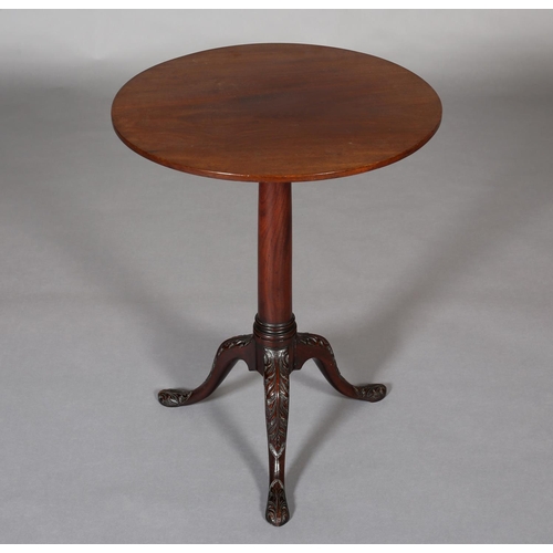 379 - A GEORGE III MAHOGANY TILT TOP TABLE, associated circular top on a cannon turned column on tripod ba... 