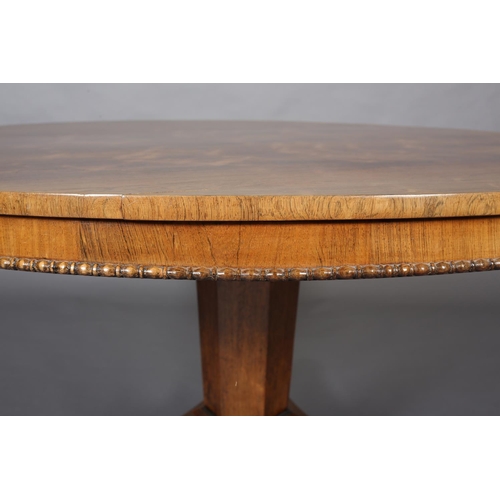 372 - A MID 19TH CENTURY ROSEWOOD BREAKFAST TABLE, having a circular tilt top with bead and reel to the fr... 