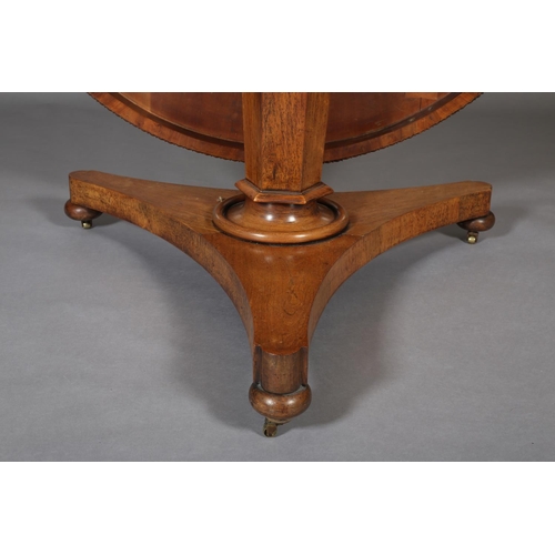 372 - A MID 19TH CENTURY ROSEWOOD BREAKFAST TABLE, having a circular tilt top with bead and reel to the fr... 