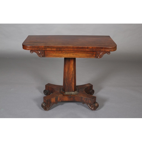 388 - A MID VICTORIAN ROSEWOOD CARD TABLE, having a rectangular fold over top with rounded corners and lin... 