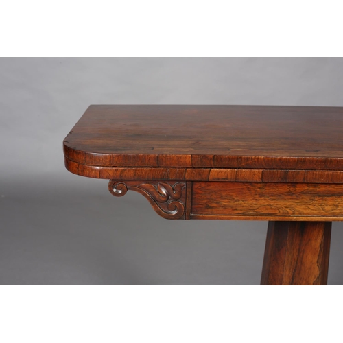 388 - A MID VICTORIAN ROSEWOOD CARD TABLE, having a rectangular fold over top with rounded corners and lin... 