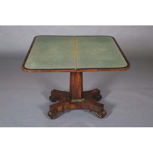 388 - A MID VICTORIAN ROSEWOOD CARD TABLE, having a rectangular fold over top with rounded corners and lin... 