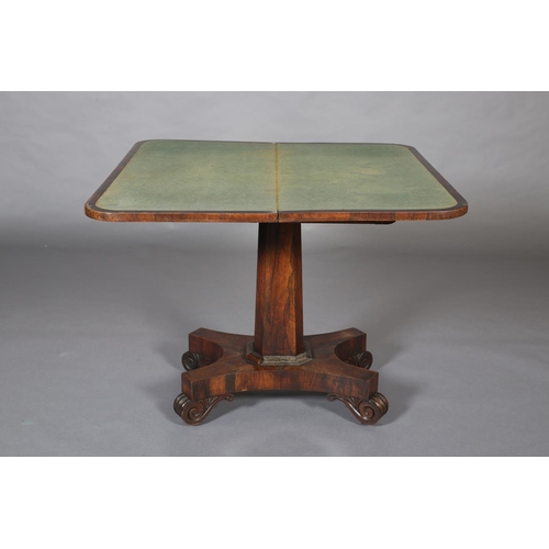 388 - A MID VICTORIAN ROSEWOOD CARD TABLE, having a rectangular fold over top with rounded corners and lin... 