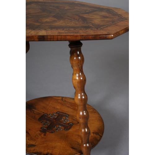 392 - A LATE 19TH CENTURY JERUSALEM OLIVE WOOD OCCASIONAL TABLE, of octagonal outline, the surface of mirr... 