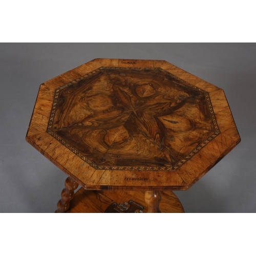 392 - A LATE 19TH CENTURY JERUSALEM OLIVE WOOD OCCASIONAL TABLE, of octagonal outline, the surface of mirr... 