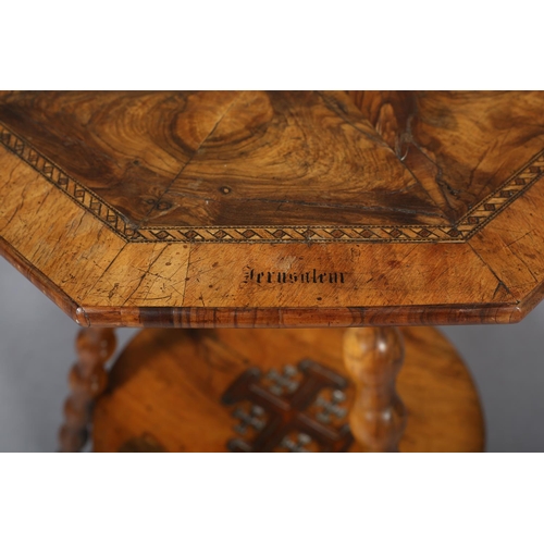 392 - A LATE 19TH CENTURY JERUSALEM OLIVE WOOD OCCASIONAL TABLE, of octagonal outline, the surface of mirr... 