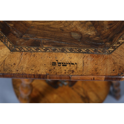 392 - A LATE 19TH CENTURY JERUSALEM OLIVE WOOD OCCASIONAL TABLE, of octagonal outline, the surface of mirr... 