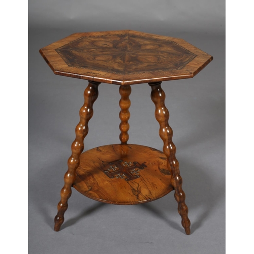 392 - A LATE 19TH CENTURY JERUSALEM OLIVE WOOD OCCASIONAL TABLE, of octagonal outline, the surface of mirr... 