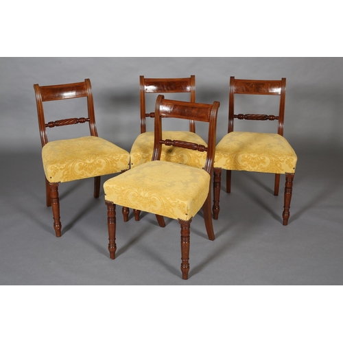 396 - A SET OF FOUR GEORGE IV MAHOGANY DINING CHAIRS, the bar back with ebony and boxwood stringing, rope ... 