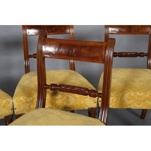 396 - A SET OF FOUR GEORGE IV MAHOGANY DINING CHAIRS, the bar back with ebony and boxwood stringing, rope ... 