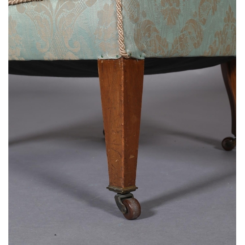 401 - AN EDWARD VII PALE GREEN UPHOLSTERED TUB-SHAPED CHAIR, on mahogany square legs with castors