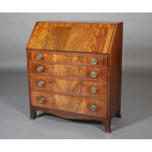 402 - A GEORGE III FIGURED AND CROSSBANDED MAHOGANY BUREAU, having a fall front, the interior fitted with ... 