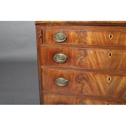 402 - A GEORGE III FIGURED AND CROSSBANDED MAHOGANY BUREAU, having a fall front, the interior fitted with ... 