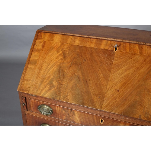 402 - A GEORGE III FIGURED AND CROSSBANDED MAHOGANY BUREAU, having a fall front, the interior fitted with ... 