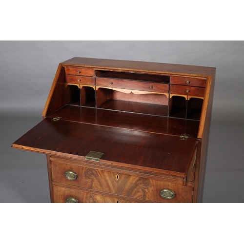 402 - A GEORGE III FIGURED AND CROSSBANDED MAHOGANY BUREAU, having a fall front, the interior fitted with ... 