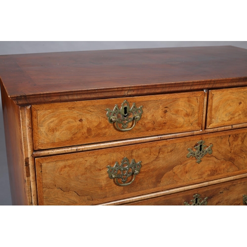 363 - AN 18TH CENTURY FIGURED WALNUT CHEST OF DRAWERS, the top quarter veneered and crossbanded with chevr... 