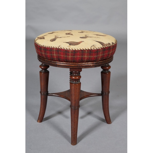 366 - AN EARLY 19TH CENTURY MAHOGANY REVOLVING PIANO STOOL, having a circular upholstered seat with height... 