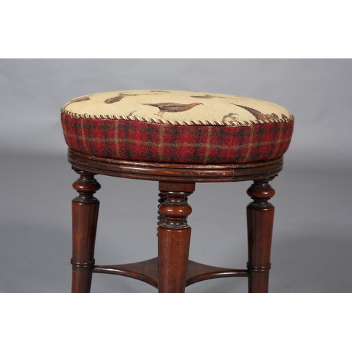 366 - AN EARLY 19TH CENTURY MAHOGANY REVOLVING PIANO STOOL, having a circular upholstered seat with height... 