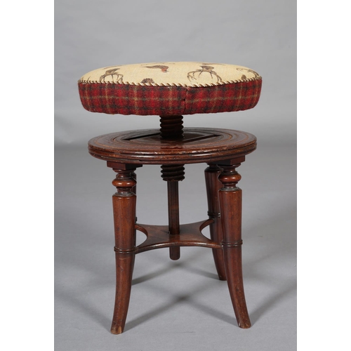 366 - AN EARLY 19TH CENTURY MAHOGANY REVOLVING PIANO STOOL, having a circular upholstered seat with height... 