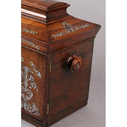 78 - A LATE REGENCY ROSEWOOD AND MOTHER-OF-PEARL INLAID CASKET, with sarcophagus lift up lid over two doo... 