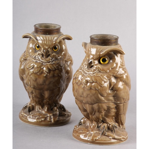 16 - A PAIR OF WILLIAM WHITELEY, France, porcelain owl lamp bases, light brown, realistically modelled an... 