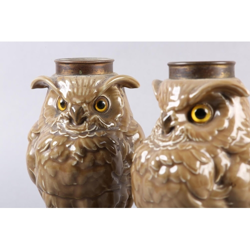 16 - A PAIR OF WILLIAM WHITELEY, France, porcelain owl lamp bases, light brown, realistically modelled an... 