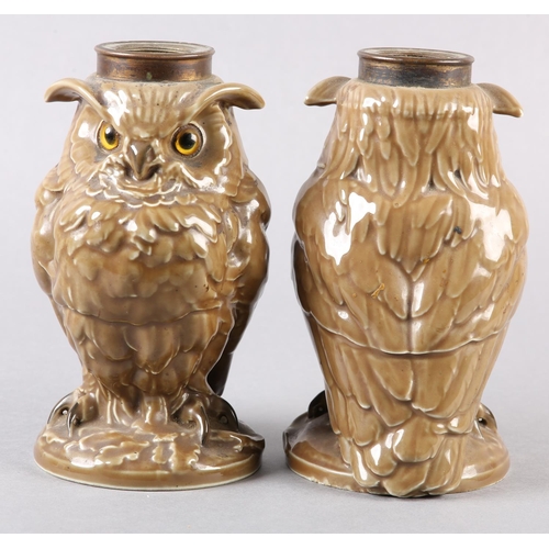 16 - A PAIR OF WILLIAM WHITELEY, France, porcelain owl lamp bases, light brown, realistically modelled an... 