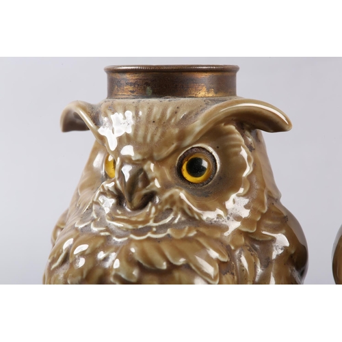 16 - A PAIR OF WILLIAM WHITELEY, France, porcelain owl lamp bases, light brown, realistically modelled an... 