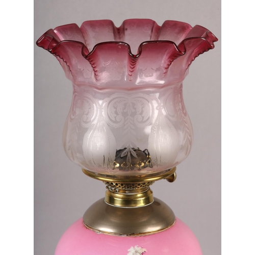 20 - A VICTORIAN PINK PORCELAIN AND BRASS OIL LAMP BY WRIGHT & BUTLER, the inverted baluster body printed... 