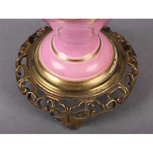 20 - A VICTORIAN PINK PORCELAIN AND BRASS OIL LAMP BY WRIGHT & BUTLER, the inverted baluster body printed... 