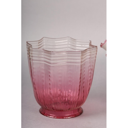 25 - A VICTORIAN PINK TINTED OPALINE WAVY MOULDED GLASS SHADE with folded rim and neck together with two ... 