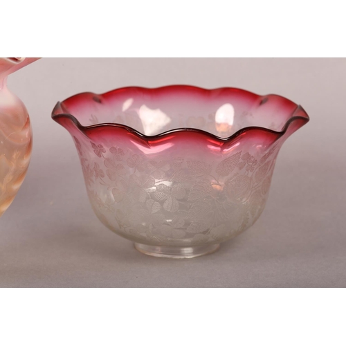 25 - A VICTORIAN PINK TINTED OPALINE WAVY MOULDED GLASS SHADE with folded rim and neck together with two ... 