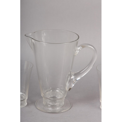 129 - A LALIQUE LEMONADE SET having frosted glass stepped bands of chevrons, jug and six matching tumblers... 