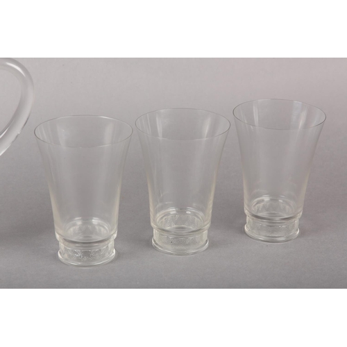 129 - A LALIQUE LEMONADE SET having frosted glass stepped bands of chevrons, jug and six matching tumblers... 