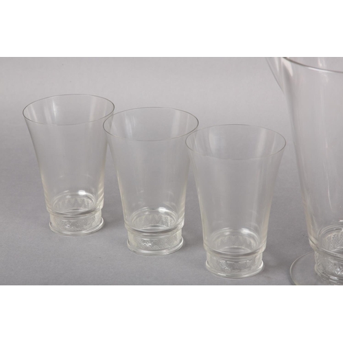 129 - A LALIQUE LEMONADE SET having frosted glass stepped bands of chevrons, jug and six matching tumblers... 