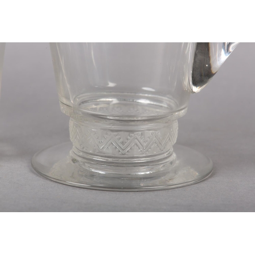 129 - A LALIQUE LEMONADE SET having frosted glass stepped bands of chevrons, jug and six matching tumblers... 