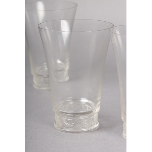 129 - A LALIQUE LEMONADE SET having frosted glass stepped bands of chevrons, jug and six matching tumblers... 