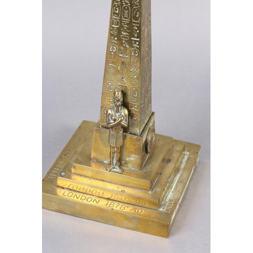 29 - A VICTORIAN BRASS LAMP BASE FORMED AS CLEOPATRA'S NEEDLE bearing inscription to stepped base, ‘CLEOP... 