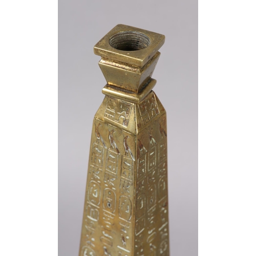 29 - A VICTORIAN BRASS LAMP BASE FORMED AS CLEOPATRA'S NEEDLE bearing inscription to stepped base, ‘CLEOP... 