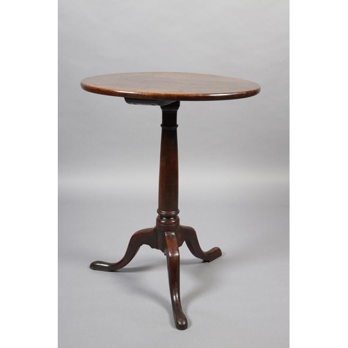 382 - A GEORGE III MAHOGANY TRIPOD TABLE, circular, on a tapered cannon turned pedestal and on cabriole le... 