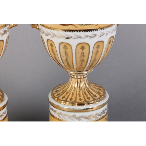 109 - A PAIR OF PEDESTAL VASES AND COVERS of urn form, fluted covers with knopped finials above twin lion ... 