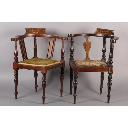 420 - A PAIR OF EDWARD VII CHILDREN'S MAHOGANY AND SATINWOOD INLAID CORNER CHAIRS with ivorine stringing, ... 