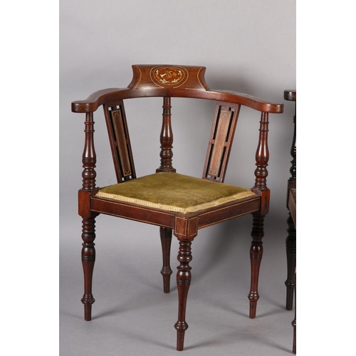 420 - A PAIR OF EDWARD VII CHILDREN'S MAHOGANY AND SATINWOOD INLAID CORNER CHAIRS with ivorine stringing, ... 